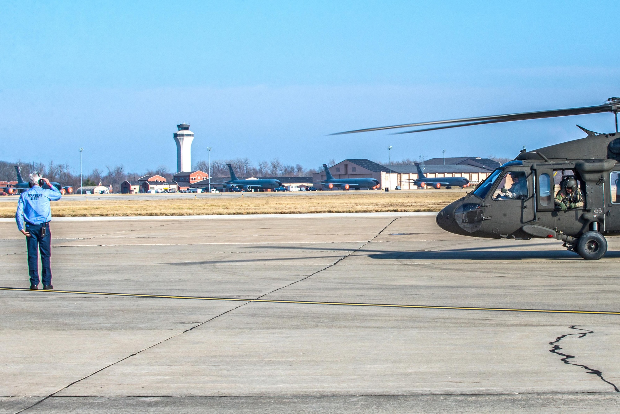 Scott Air Force Base Airmen recently received training for "hot refueling". The training provides aircrews with procedures specific to "hot refueling" operations, with the helicopter running while refueling, versus "cold refueling" where the helicopter is completely shut down prior to receiving fuel. With this two-person operation, one would concentrate on the fueling portion, such as connecting the bonding cable, deploying the fueling hose, and controlling the fueling while the other would remain in eye sight of both the refueler and a flight crew members. Having the choice to "hot refuel" adds to the readiness of the day to day operations and is highly helpful for practice down range when there's not enough time to shut down to refuel. (U.S. Air Force photos/Senior Airman Tristin English)