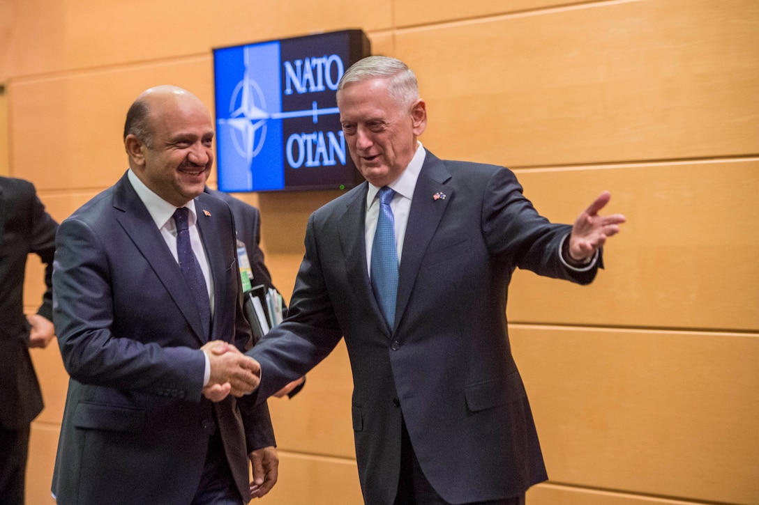 Defense Secretary Jim Mattis meets with Turkish Defense Minister Fikri Isik at NATO headquarters in Brussels, Feb. 15, 2017. DoD photo by Air Force Tech. Sgt. Brigitte N. Brantley
