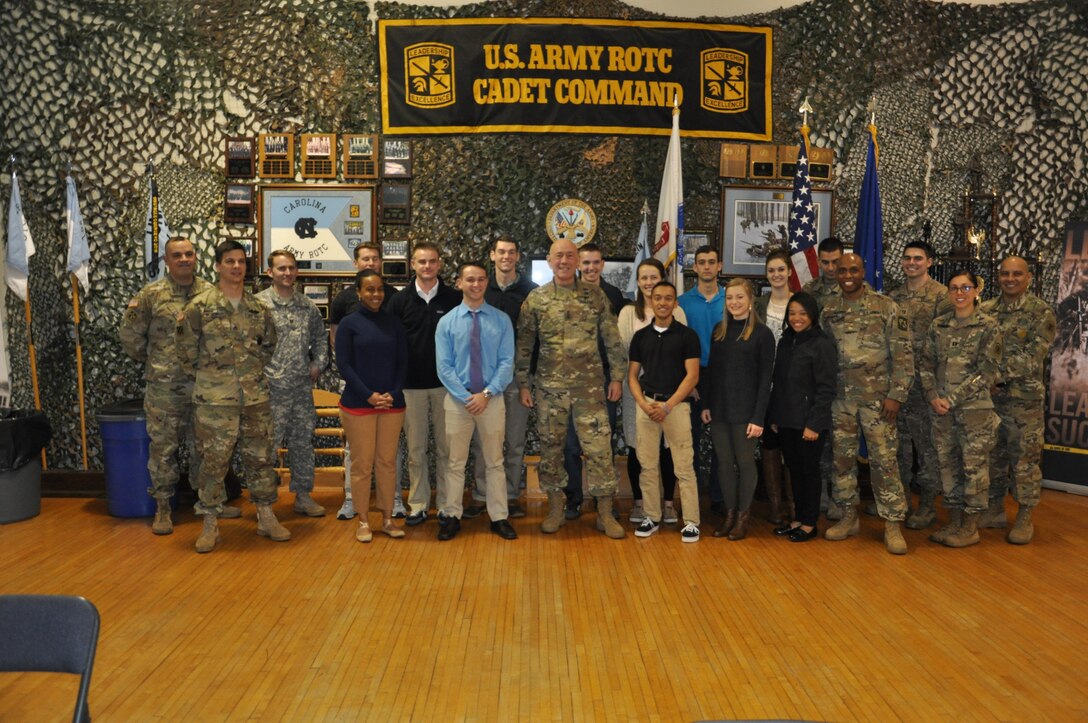 LTG Charles D. Luckey, Chief of Army Reserve and Commanding General of the United Army Reserve Command visited the University of North Carolina ROTC program in Chapel Hill, NC. on Feb. 14, 2017. A total of 18 cadets from the program along with Army recruiters from the local area were present for the visit. During the visit, Lt. Gen. Luckey discussed the importance of Leadership, Energy and Execution and the benefits of being physically, intellectually, and spiritually fit. He also explained the importance of impacting individual areas of responsibility and spent quite a bit of time on the topics of teamwork and duty to the American people. 