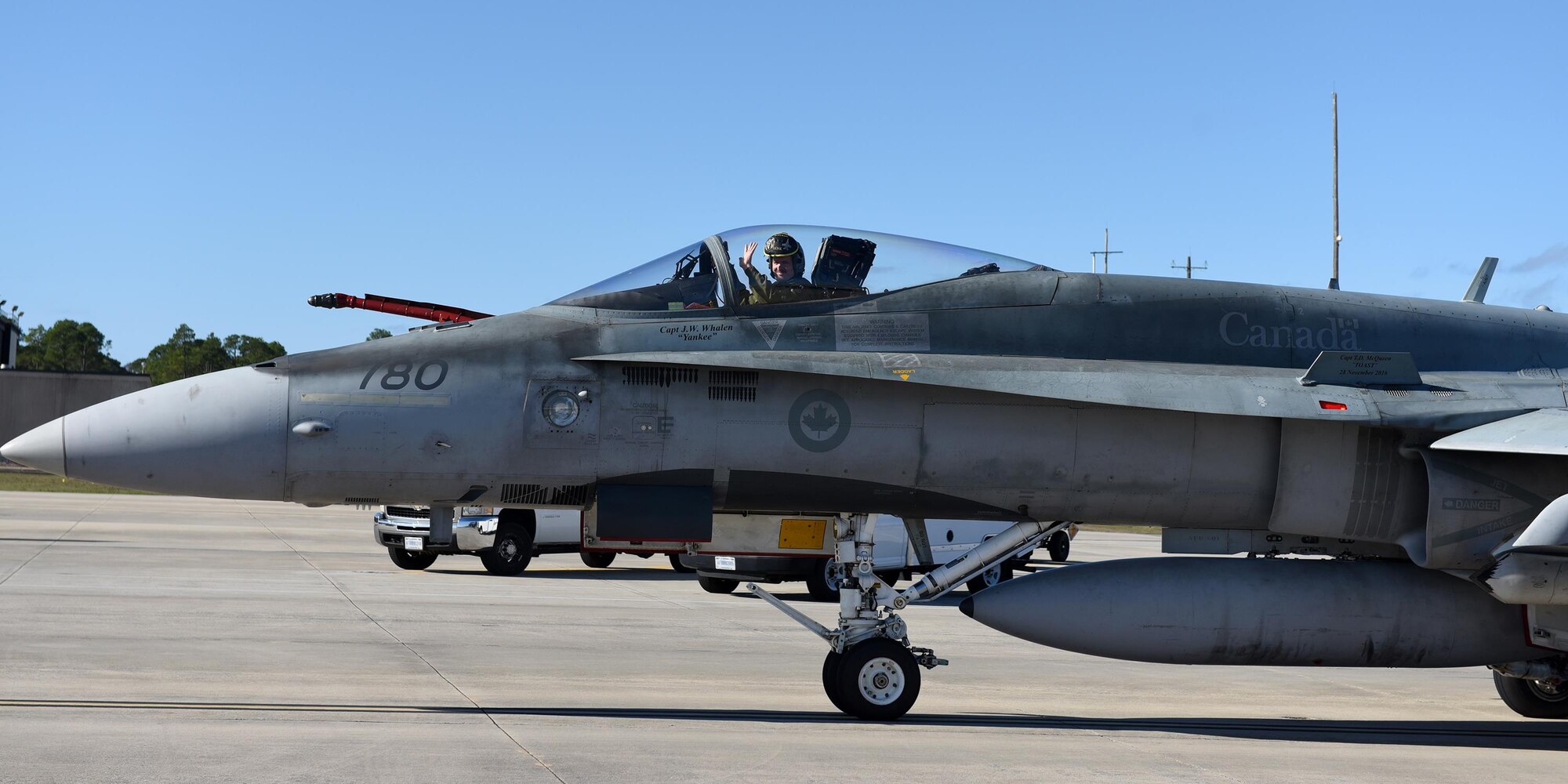 A Royal Canadian Air Force CF-18 Hornet from the 401st Tactical Fighter Squadron taxis after a flight at Tyndall Air Force Base, Fla., Jan. 31, 2017. The 401st TFS took part in the Weapons Systems Evaluation Program held at Tyndall AFB. (U.S. Air Force photo by Airman 1st Class Cody R. Miller/Released)