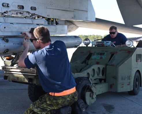 Royal Canadian Air Force weapons systems specialists from the 401st Tactical Fighter Squadron attach a training weapon to a CF-18 Hornet at Tyndall Air Force Base, Fla., Jan. 31, 2017. The Combat Archer and Combat Hammer exercises marked the first time that the 401st TFS deployed a detachment of personnel since fall 2015. (U.S. Air Force photo/Airman 1st Class Cody R. Miller)