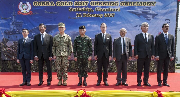 UTAPAO, Thailand (Feb. 14, 2017) – U.S. Pacific Command Commander Adm. Harry Harris, Thai Chief of Defence Forces Gen. Surapong Suwana-adth and U.S. Ambassador to the Kingdom of Thailand Glyn Davies, along with multinational representatives pose for a photo during the official opening ceremony of Cobra Gold 2017. Cobra Gold, in its 36th iteration, is the largest Theater Security Cooperation exercise in the Indo-Asia-Pacific. This year’s focus is to advance regional security and ensure effective responses to regional crises by bringing together a robust multinational force to address shared goals and security commitments in the Indo-Asia-Pacific region. (U.S. Navy photo by Mass Communication Specialist 2nd Class Markus Castaneda/Released)