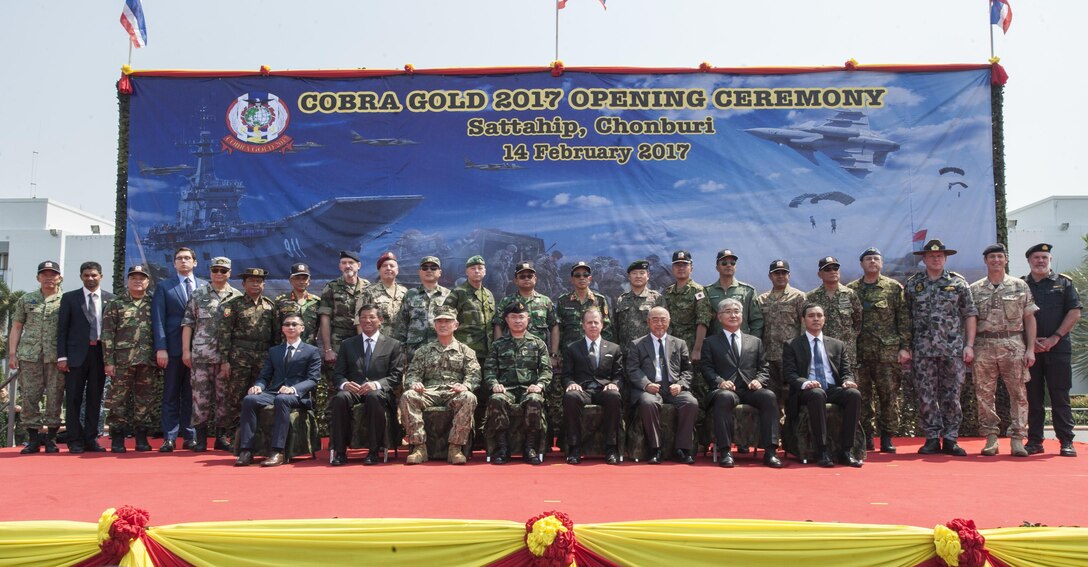 UTAPAO, Thailand (Feb. 14, 2017) – Multi-National Forces officials and representatives pose for a group photo during the official opening ceremony of Cobra Gold 2017. Cobra Gold, in its 36th iteration, is the largest Theater Security Cooperation exercise in the Indo-Asia-Pacific. This year’s focus is to advance regional security and ensure effective responses to regional crises by bringing together a robust multinational force to address shared goals and security commitments in the Indo-Asia-Pacific region. (U.S. Navy photo by Mass Communication Specialist 2nd Class Markus Castaneda/Released)