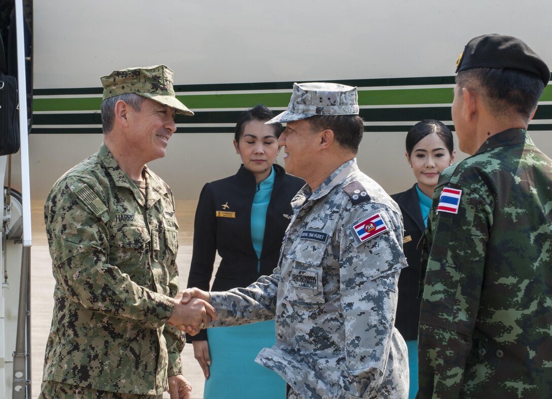 UTAPAO, Thailand (Feb. 14, 2017) – U.S. Pacific Command Commander, Adm. Harry Harris greets Thai military officials upon his arrival at the Utapao Royal Thai Naval Air Division flight line for the official opening ceremony of Cobra Gold 2017. Cobra Gold, in its 36th iteration, is the largest Theater Security Cooperation exercise in the Indo-Asia-Pacific. This year’s focus is to advance regional security and ensure effective responses to regional crises by bringing together a robust multinational force to address shared goals and security commitments in the Indo-Asia-Pacific region. (U.S. Navy photo by Mass Communication Specialist 2nd Class Markus Castaneda/Released)
