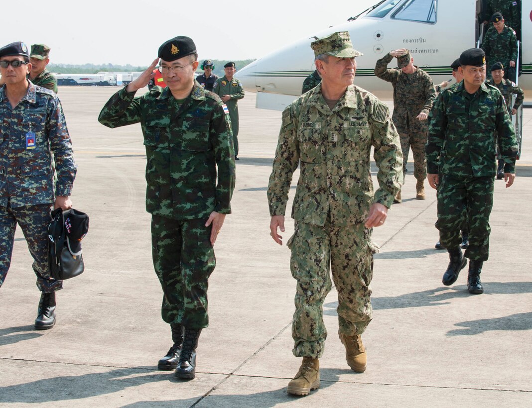UTAPAO, Thailand (Feb. 14, 2017) – Thai Chief of Defence Forces Gen. Surapong Suwana-adth and U.S. Pacific Command Commander, Adm. Harry Harris, arrived at the Utapao Royal Thai Naval Air Division air field for the official opening ceremony of Cobra Gold 2017. Cobra Gold, in its 36th iteration, is the largest Theater Security Cooperation exercise in the Indo-Asia-Pacific. This year’s focus is to advance regional security and ensure effective responses to regional crises by bringing together a robust multinational force to address shared goals and security commitments in the Indo-Asia-Pacific region. (U.S. Navy photo by Mass Communication Specialist 2nd Class Markus Castaneda/Released)