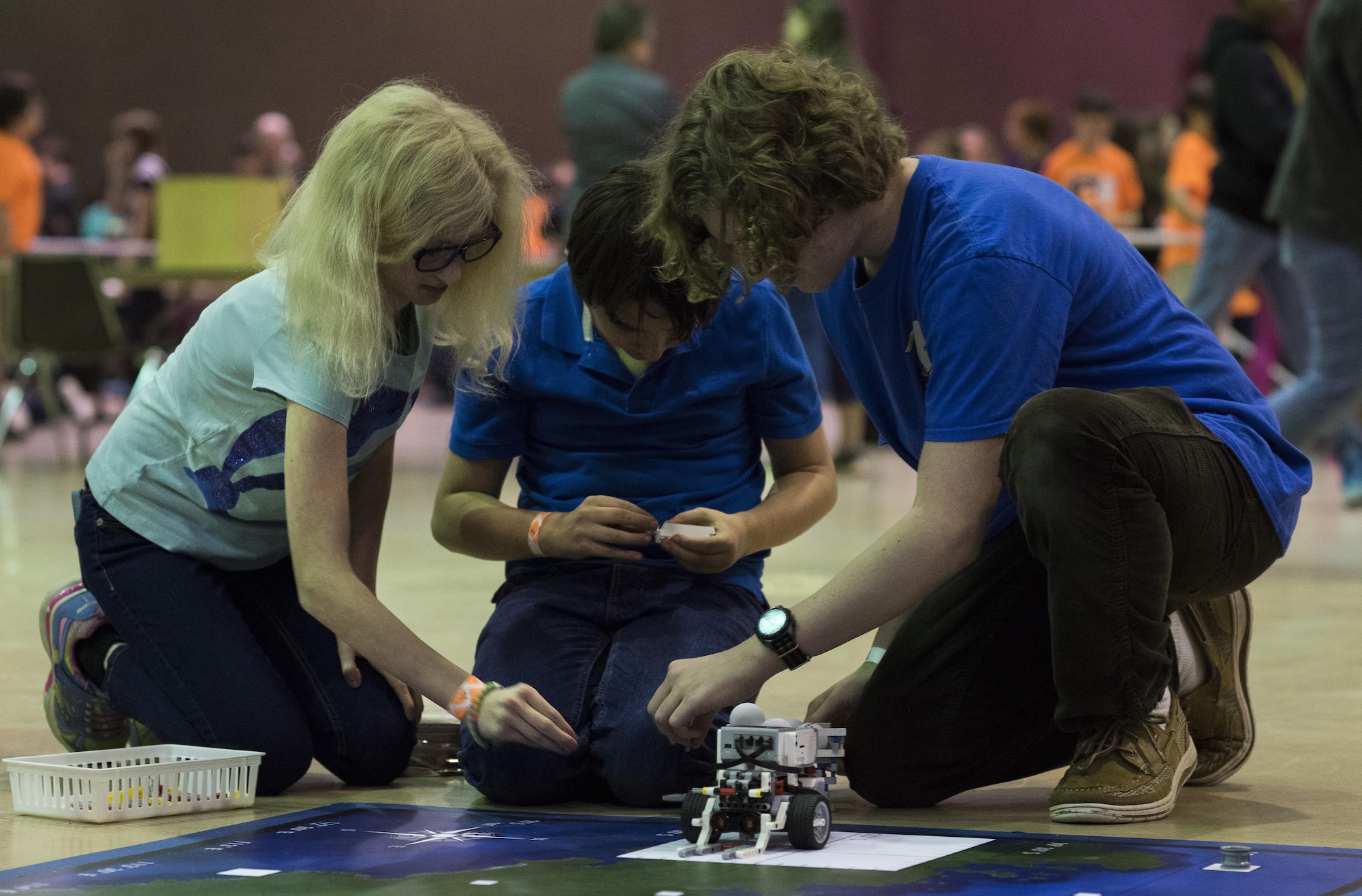 Members of the Barksdale Air Force Base Youth Center robotics team prepare their robot to participate in the first round of the Regional Autonomous Robotics Circuit in Bossier City, La., Feb. 11, 2017. The youth center registered both an elementary and middle school team to compete in this year’s event. (U.S. Air Force photo/Senior Airman Damon Kasberg)