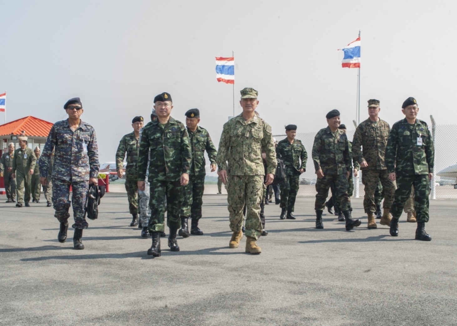Thai Chief of Defence Forces Gen. Surapong Suwana-adth and U.S. Pacific Command Commander, Adm. Harry Harris, arrived at the Utapao Royal Thai Naval Air Division air field for the official opening ceremony of Cobra Gold, Feb. 14,  2017. Cobra Gold, in its 36th iteration, is the largest Theater Security Cooperation exercise in the Indo-Asia-Pacific. This year’s focus is to advance regional security and ensure effective responses to regional crises by bringing together a robust multinational force to address shared goals and security commitments in the Indo-Asia-Pacific region.