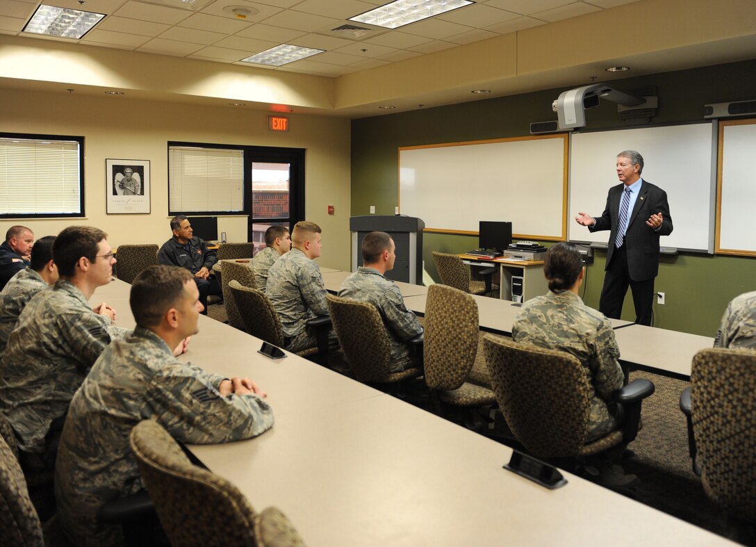 Former Chief Master Sgt. of the Air Force Rodney McKinley, speaks with 7th Civil Engineer Squadron Airmen about past experiences in the Air Force Feb. 10, 2017, at Dyess Air Force Base, Texas. McKinley met with Airmen assigned to the 317th Airlift Group and 7th Bomb Wing and was given a tour of the base facilities which allowed him to witness firsthand how Dyess takes care of its Airmen. (U.S. Air Force photo by Airman 1st Class Emily Copeland)