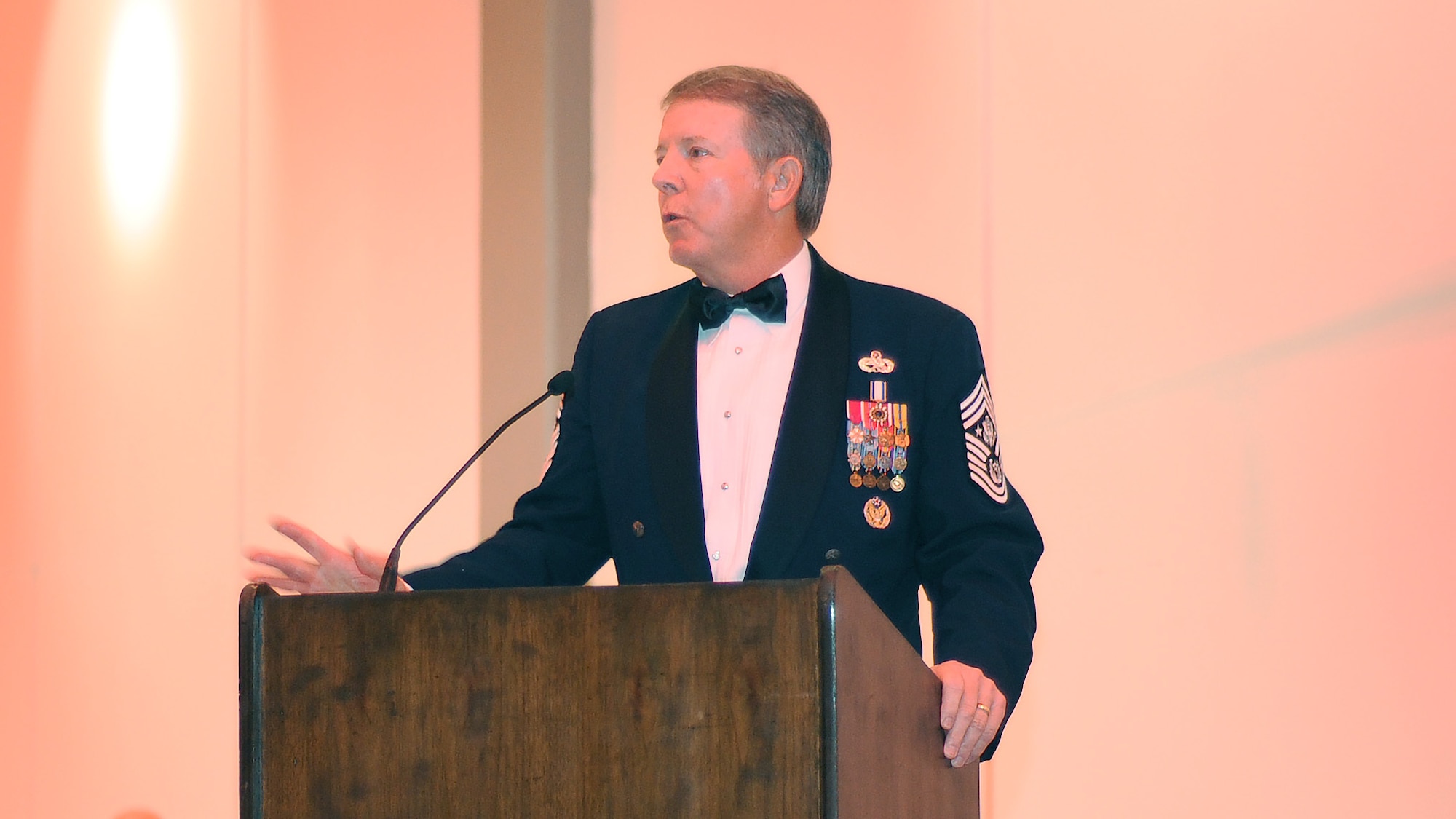Former Chief Master Sgt. of the Air Force Rodney McKinley speaks to Airmen during the Dyess Annual Awards Banquet Feb. 10, 2017, at the Abilene Civic Center in Abilene, Texas. McKinley arrived at Dyess Feb. 9 for a visit of the base and to speak at the Dyess Annual Awards Banquet where he emphasized the importance of leadership and Air Force heritage. (U.S. Air Force photo by Airman 1st Class Emily Copeland)