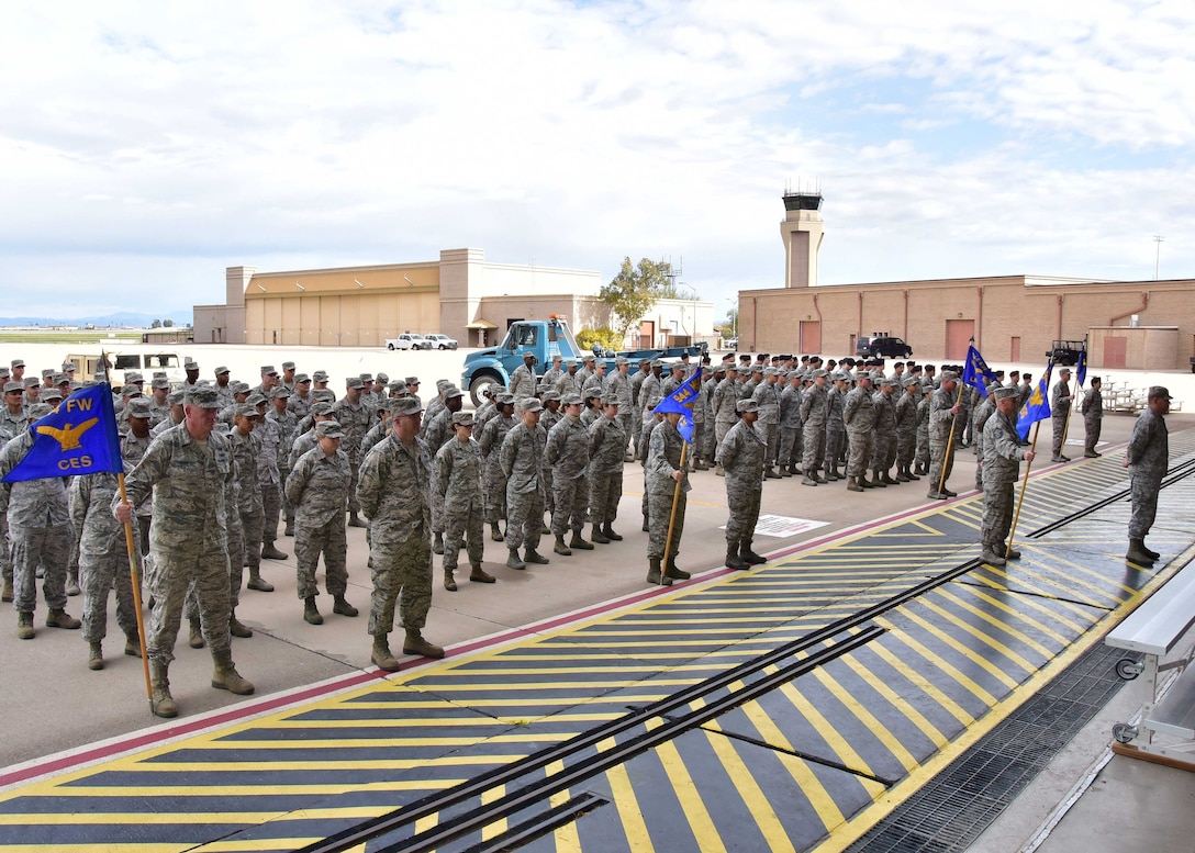 Airmen from the 944th Mission Support Group stand in formation Feb. 12 during a change-of-command ceremony at Luke Air Force Base, Ariz. (U.S. Air Force photo taken by Tech. Sgt. Louis Vega Jr.)