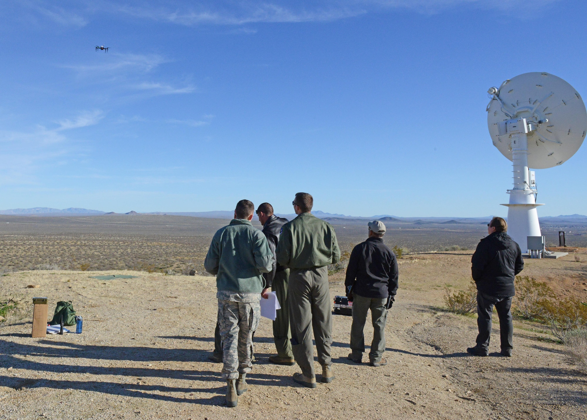 Members of the Emerging Technologies Combined Test Force conducted the first test for the CTF Feb. 13. The test was conducted for the 412th Range Squadron, which came up with the idea of using a small unmanned aerial system to calibrate telemetry antennas (right). (U.S. Air Force photo by Kenji Thuloweit)