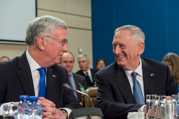 Defense Secretary Jim Mattis, right, talks with British Defense Secretary Michael Fallon during a North Atlantic Council meeting at NATO headquarters in Brussels, Feb. 15, 2017. DoD photo by Air Force Tech. Sgt. Brigitte N. Brantley