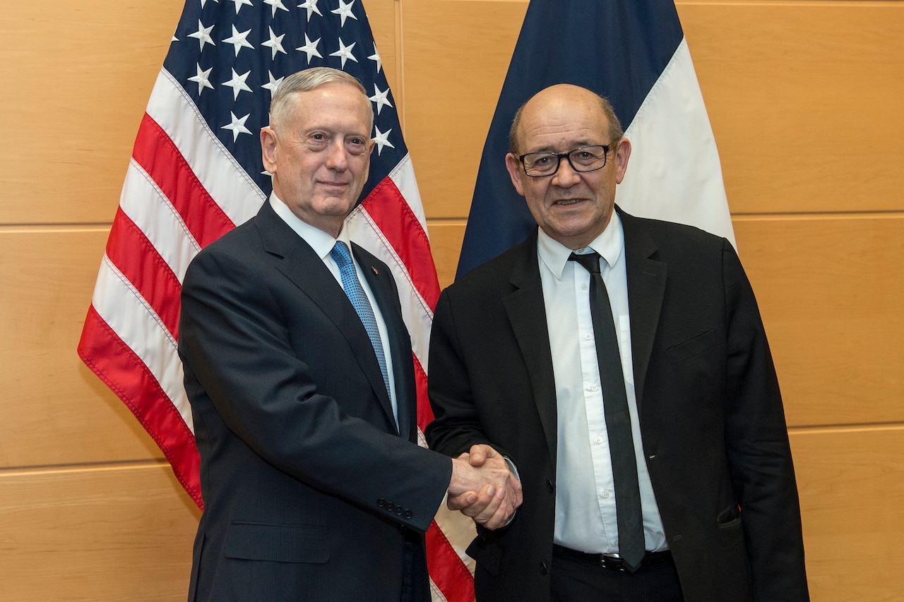 Defense Secretary Jim Mattis, left, meets with French Defense Minister Jean-Yves Le Drian at NATO headquarters in Brussels, Feb. 15, 2017. DoD photo by Air Force Tech. Sgt. Brigitte N. Brantley