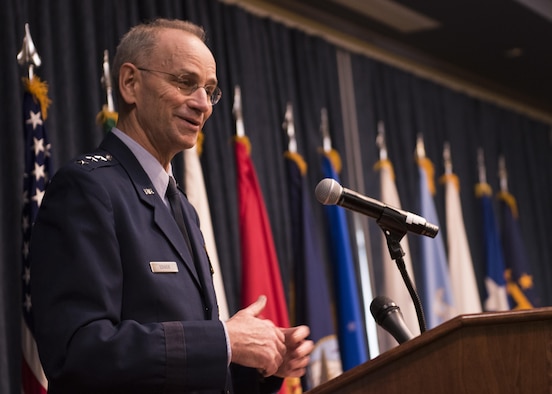 Lt. Gen. Mark Ediger, U.S. Air Force surgeon general, offers thanks and congratulations for the dedication and efforts of the 92nd Medical Group during a MHS Genesis "go-live" recognition ceremony Feb. 15, 2017, at Fairchild Air Force Base, Wash. Fairchild was the pilot base for the development and implementation of the new, Department of Defense wide new health system. (U.S. Air Force photo/Airman 1st Class Ryan Lackey)