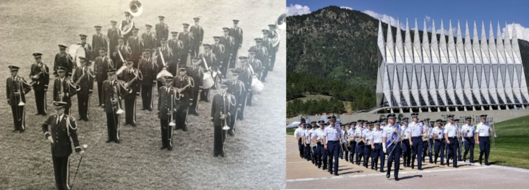 Left: United States Air Force Academy Marching Band in 1955.
 Right: United States Air Force Academy Marching Band present day.