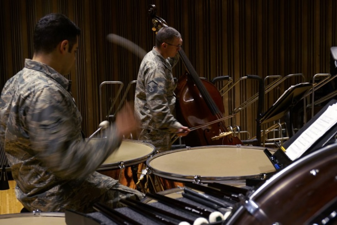 Airman 1st Class Michael Coletti plays timpani drums during a United States Air Force Academy Band rehearsal at Peterson Air Force Base near Colorado Springs on Jan. 27, 2017.