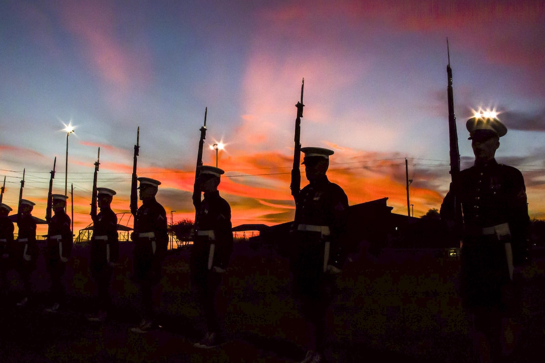 The Marine Corps Silent Drill Platoon practices “long line,” a part of its drill routine, during training as a part of the Marine Corps Battle Color Detachment at Marine Corps Air Station Yuma, Ariz., Feb. 8, 2017. Marine Corps photo by Cpl. Robert Knapp