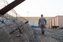A U.S. Marine Corps dog handler with Commander, Task Group (CTG) 56.7 completes a detection training exercise with the U.S. Air Force at an undisclosed location in Southwest Asia, Feb. 9, 2017. The 380th Expeditionary Security Forces Squadron regularly trains with various Coalition and joint service units. During this exercise members of the 380th Explosive Ordnance Disposal collaborated with military working dog units from the 380 ESFS and CTG 56.7. (U.S. Air Force photo/Senior Airman Tyler Woodward)