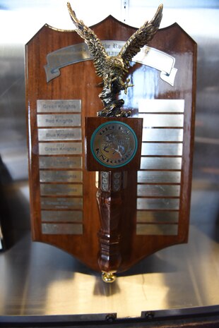 The Knights of the Roundtable tournament scepter is displayed in the lobby of Joint Base Charleston headquarters building Feb. 7, 2017. The tournament consisted of a series of motorcycle riding events, a medieval costume contest and a blacksmithing competition.