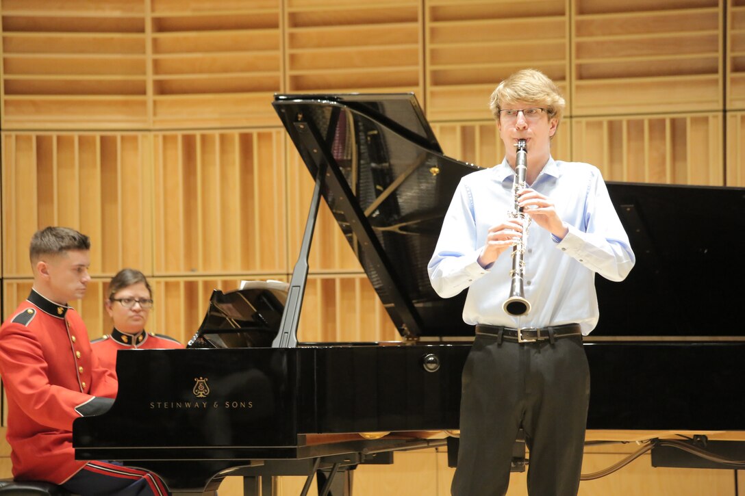 On Feb. 11, 2017, eight high school musicians competed for a $2,500 scholarship from the Marine Corps Heritage Foundation and the chance to solo with the Marine Band. French horn player Shawn Zheng won first place and trumpet player Forrest Johnston was named runner up and received a $500 scholarship from the Marine Corps Heritage Foundation. Pictured in clarinet player Anders Peterson. (U.S. Marine Corps photo by Master Sgt. Kristin duBois/released)