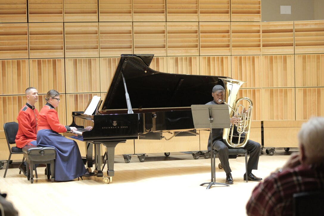 On Feb. 11, 2017, eight high school musicians competed for a $2,500 scholarship from the Marine Corps Heritage Foundation and the chance to solo with the Marine Band. French horn player Shawn Zheng won first place and trumpet player Forrest Johnston was named runner up and received a $500 scholarship from the Marine Corps Heritage Foundation. Pictured is tuba player Joshua Williams. (U.S. Marine Corps photo by Master Sgt. Kristin duBois/released) 