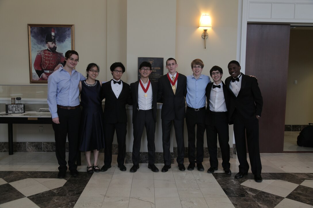 On Feb. 11, 2017, eight high school musicians competed for a $2,500 scholarship from the Marine Corps Heritage Foundation and the chance to solo with the Marine Band. French horn player Shawn Zheng won first place and trumpet player Forrest Johnston was named runner up and received a $500 scholarship from the Marine Corps Heritage Foundation. (U.S. Marine Corps photo by Master Sgt. Kristin duBois/released)