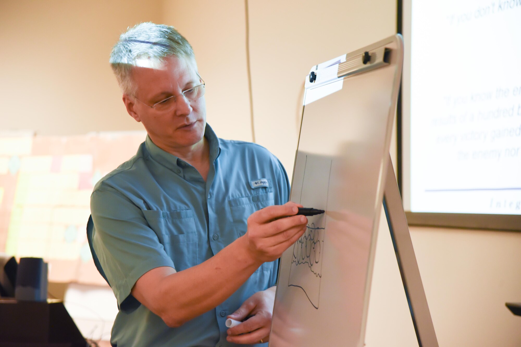 Matthew Arens, master blackbelt for continuous process improvement contracted through Air Force Reserve Command, trains 403rd Wing leaders during a senior leader course that was held Feb. 13-15 at Keesler Air Force Base, Mississippi. The course focused on leadership and continuous process improvement. (U.S. Air Force photo/Maj. Marnee A.C. Losurdo)