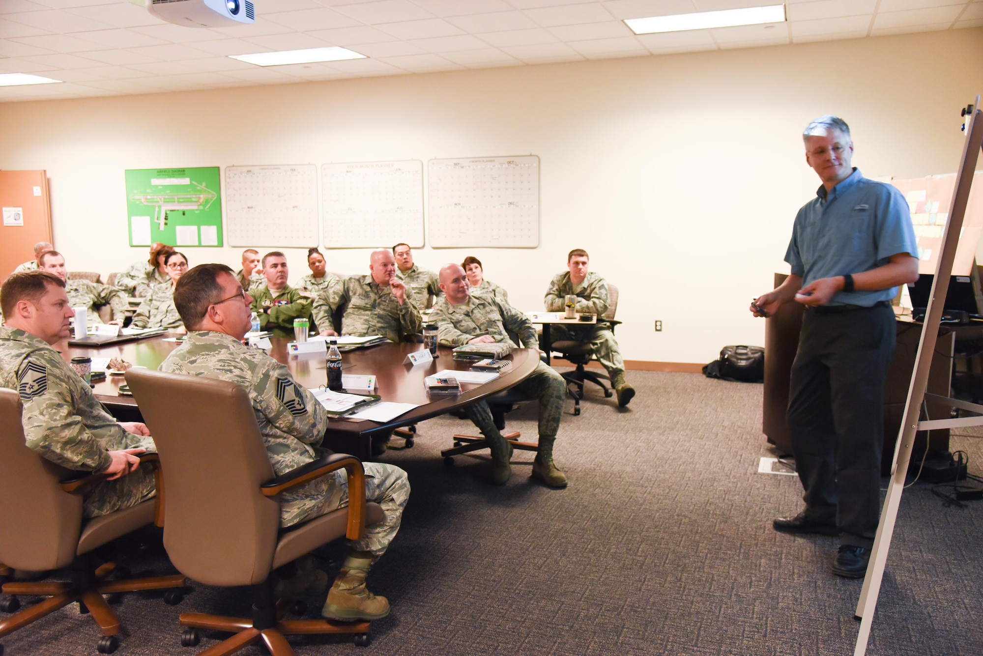 Matthew Arens, master blackbelt for continuous process improvement contracted through Air Force Reserve Command, trains 403rd Wing leaders during a senior leader course that was held Feb. 13-15 at Keesler Air Force Base, Mississippi. The course focused on leadership and continuous process improvement. (U.S. Air Force photo/Maj. Marnee A.C. Losurdo)