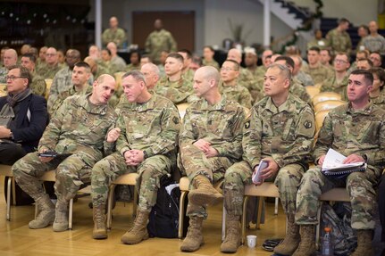 VOGELWEH, Germany – 7th Mission Support Command leaders and guests listen to a speaker during the 7th MSC Panel Forum Feb. 10-11 at the Armstrong Club. This year, the U.S. Army Reserve in Europe celebrates more than 60 years of operations by looking at the past, present and future. Discussion topics included USAR participation in past operations from post-WWII era all the way up to the ongoing operation Atlantic Resolve in the Baltic States. Brig. Gen. Steven Ainsworth, 7th MSC commanding general, hosted the event.

(Photo by Sgt. 1st Class Matthew Chlosta, 7th Mission Support Command Public Affairs Office)