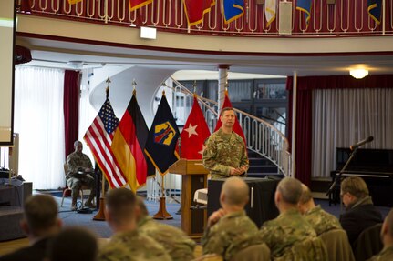 VOGELWEH, Germany – Maj. Gen. David Conboy, deputy commanding general for operations at United States Army Reserve Command speaks during the 7th Mission Support Command Panel Forum Feb. 10-11 at the Armstrong Club. This year, the U.S. Army Reserve in Europe celebrates more than 60 years of operations by looking at the past, present and future. Discussion topics included USAR participation in past operations from post-WWII era all the way up to the ongoing operation Atlantic Resolve in the Baltic States. Brig. Gen. Steven Ainsworth, 7th MSC commanding general, hosted the event.

(Photo by Sgt. 1st Class Matthew Chlosta, 7th Mission Support Command Public Affairs Office)