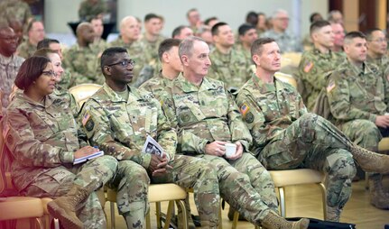 VOGELWEH, Germany – 7th Mission Support Command leaders and guests listen to a speaker during the 7th MSC Panel Forum Feb. 10-11 at the Armstrong Club. This year, the U.S. Army Reserve in Europe celebrates more than 60 years of operations by looking at the past, present and future. Discussion topics included USAR participation in past operations from post-WWII era all the way up to the ongoing operation Atlantic Resolve in the Baltic States. Brig. Gen. Steven Ainsworth, 7th MSC commanding general, hosted the event.

(Photo by Sgt. 1st Class Matthew Chlosta, 7th Mission Support Command Public Affairs Office)