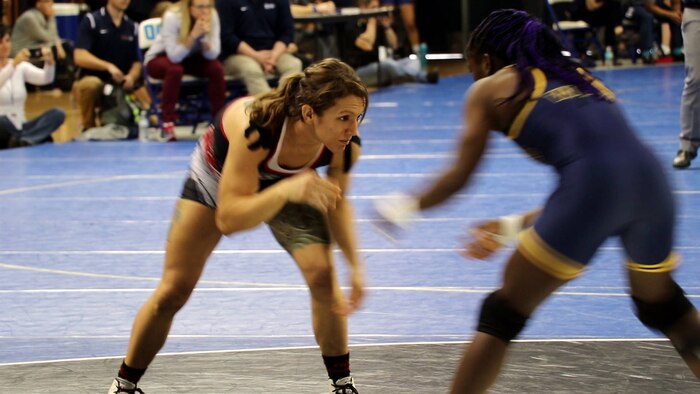 Marine veteran, Kalyn Schwartz, wrestled for Southern Oregon University in the 123-pound weight class, Feb. 10-11, at the Women’s Collegiate Wrestling Association National Championships in Oklahoma City. While in the Marine Corps, Schwartz’s military specialty occupation was aircraft rescue and firefighting. (U.S. Marine Corps photo by Cpl. Jennifer Webster/Released)