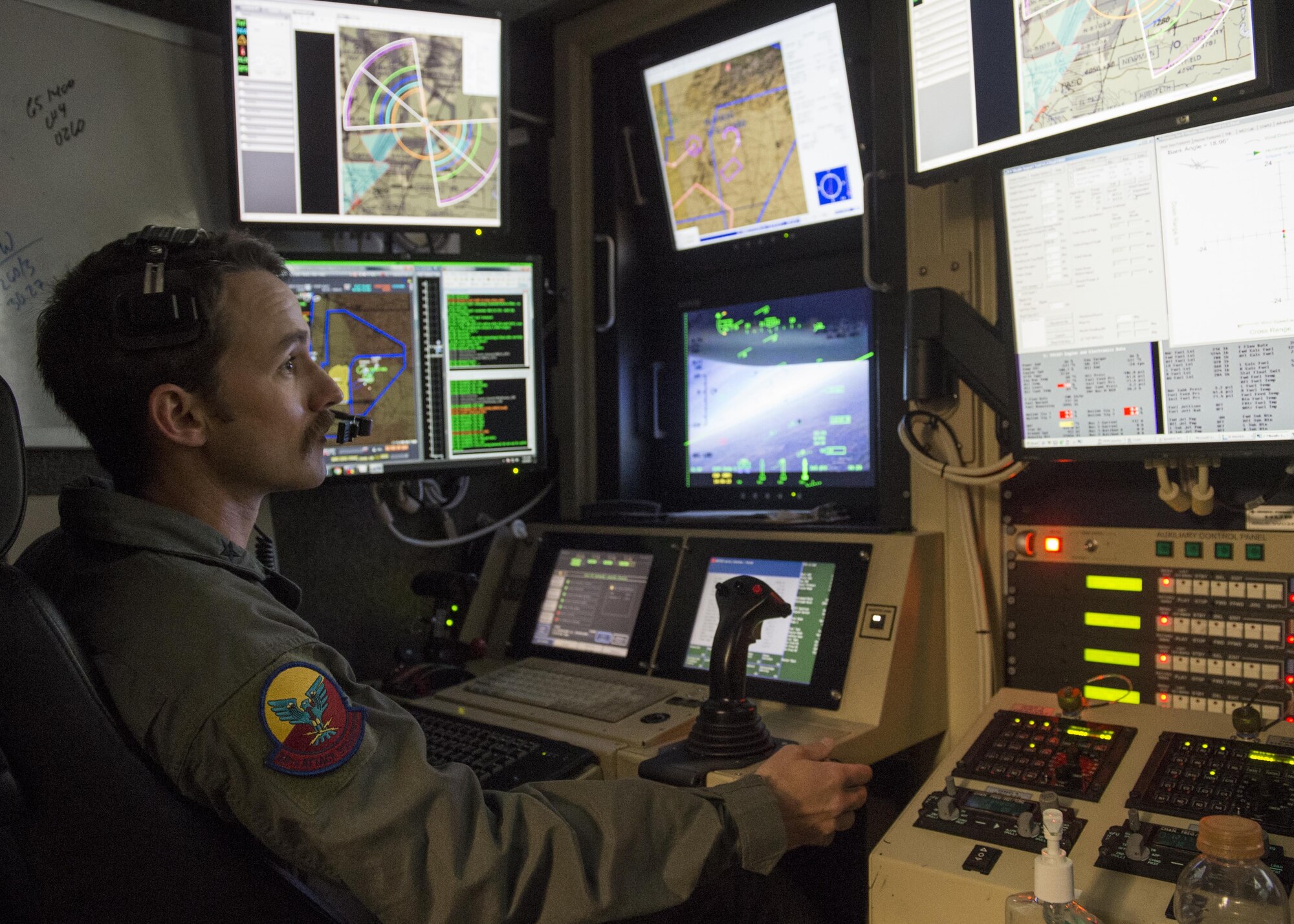 A Remotely Piloted Aircraft pilot flies a training mission during Top Knife, Feb. 9, 2017 at Holloman Air Force Base, N.M. During Top Knife, flight surgeons, physiologists, psychologists and chaplains from across the Air Force came to Holloman and were taught about the current challenges facing the RPA community. They also observed an RPA flying mission to gain firsthand knowledge of challenges RPA personnel face on a daily basis. (U.S. Air Force photo by Senior Airman Emily Kenney)