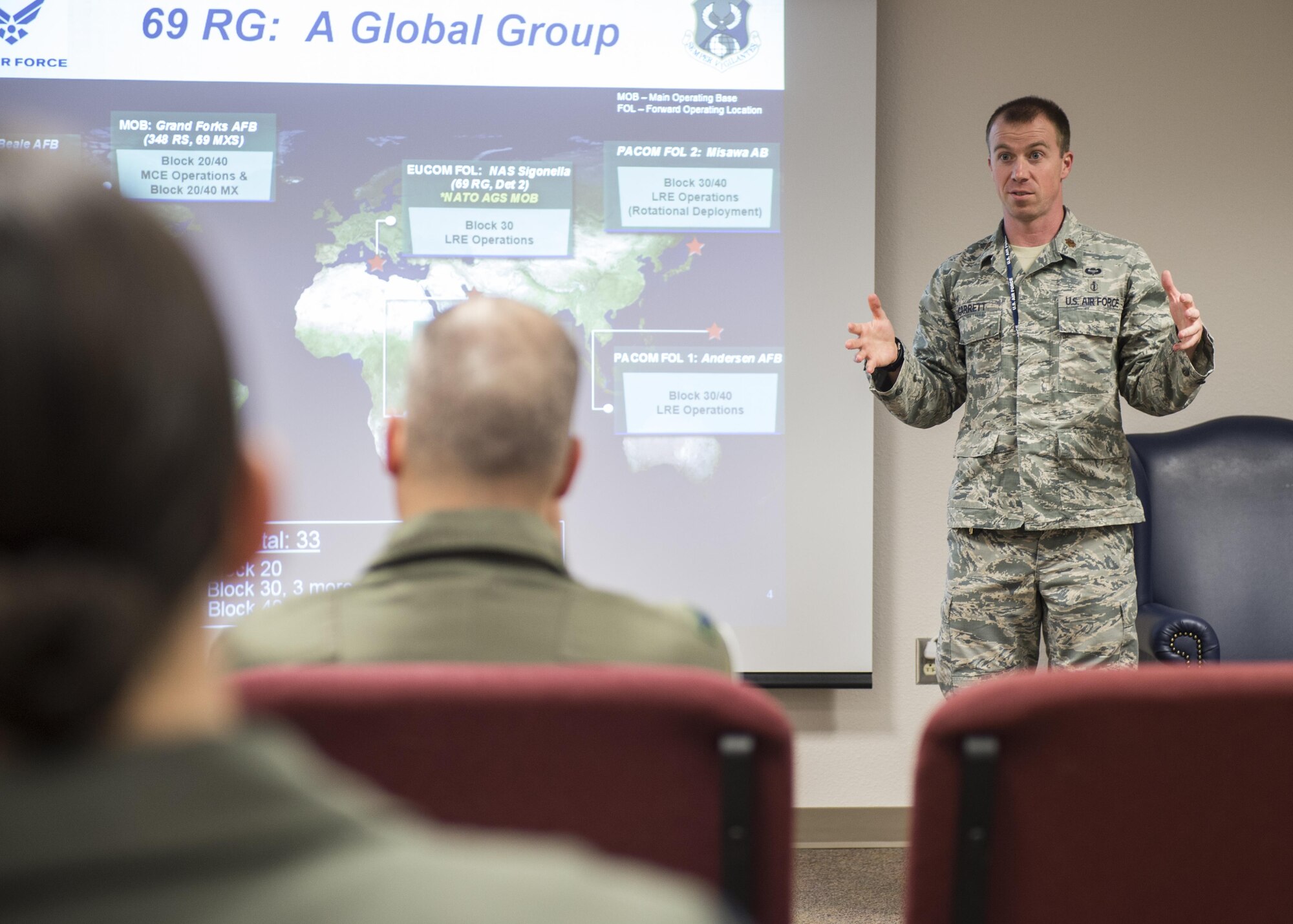 Maj. Zachary Garrett, a 49th Medical Group aerospace and operational physiologist, briefs personnel about the stress and sleep hygiene during Top Knife, Feb. 9, 2017 at Holloman Air Force Base, N.M. During Top Knife, flight surgeons, physiologists, psychologists and chaplains from across the Air Force came to Holloman and were taught about the current challenges facing RPA personnel. (U.S. Air Force photo by Senior Airman Emily Kenney)