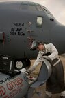 U.S. Air Force Airman 1st Class James Poole, aerospace maintenance apprentice, 19th Aircraft Maintenance Squadron, waits for pressure to build before filling the oxygen system (LOX) in a C-130J Super Hercules Feb. 12, 2017, at Little Rock Air Force Base, Ark. Oxygen providing systems keep aircrews from blacking out at high altitudes. Liquid Oxygen took the place of gaseous oxygen systems for the Air Force in the late 1950s. (U.S. Air Force photo by Master Sgt. Jeff Walston/Released)