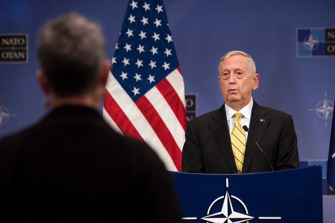 Defense Secretary Jim Mattis hosts a news conference at NATO headquarters in Brussels, Feb. 16, 2017. DoD photo by Air Force Tech. Sgt. Brigitte N. Brantley
