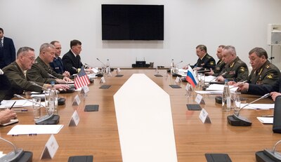 Chairman of the Joint Chiefs of Staff Marine Corps Gen. Joe Dunford meets with Army Gen. Valeriy Gerasimov, Russia’s chief of the General Staff of the Armed Forces and first deputy minister of defense, in Baku, Azerbaijan, Feb. 16, 2017. The military leaders exchanged their views on the state of U.S.-Russian military relations and of the international security situation in Europe, the Middle East, and other key regions. The U.S. and Russian militaries have undertaken efforts to improve operational safety of military activities in order to decrease the prospects for crisis and avoid the risk of unintended incidents. The leaders further agreed to enhance communications on such stabilizing measures. DoD photo by Navy Petty Officer 2nd Class Dominique Pineiro