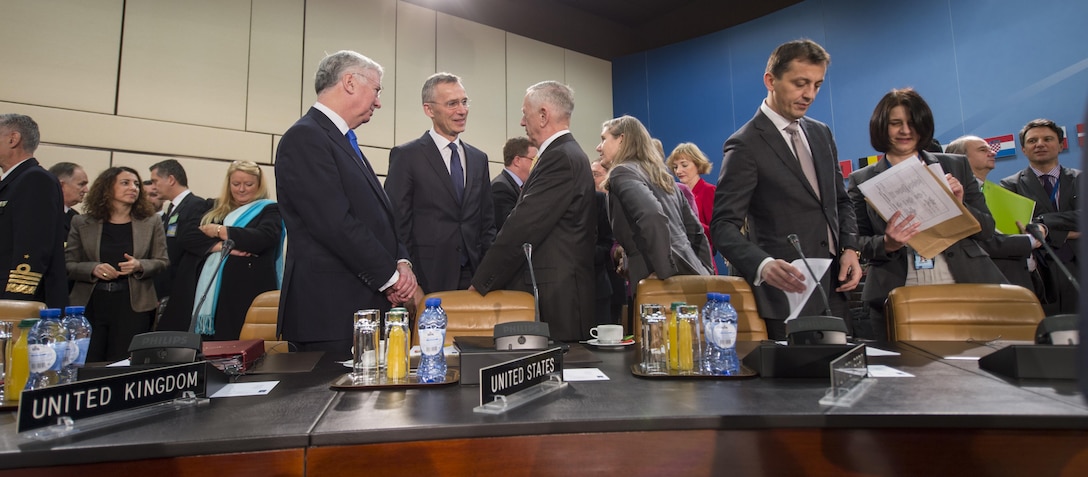 Defense Secretary Jim Mattis speaks with Britain's Secretary of State for Defense Michael Fallon and NATO Secretary-General Jens Stoltenberg before a meeting at NATO headquarters in Brussels, Belgium, Feb. 16, 2017. DoD photo by Air Force Tech. Sgt. Brigitte N. Brantley