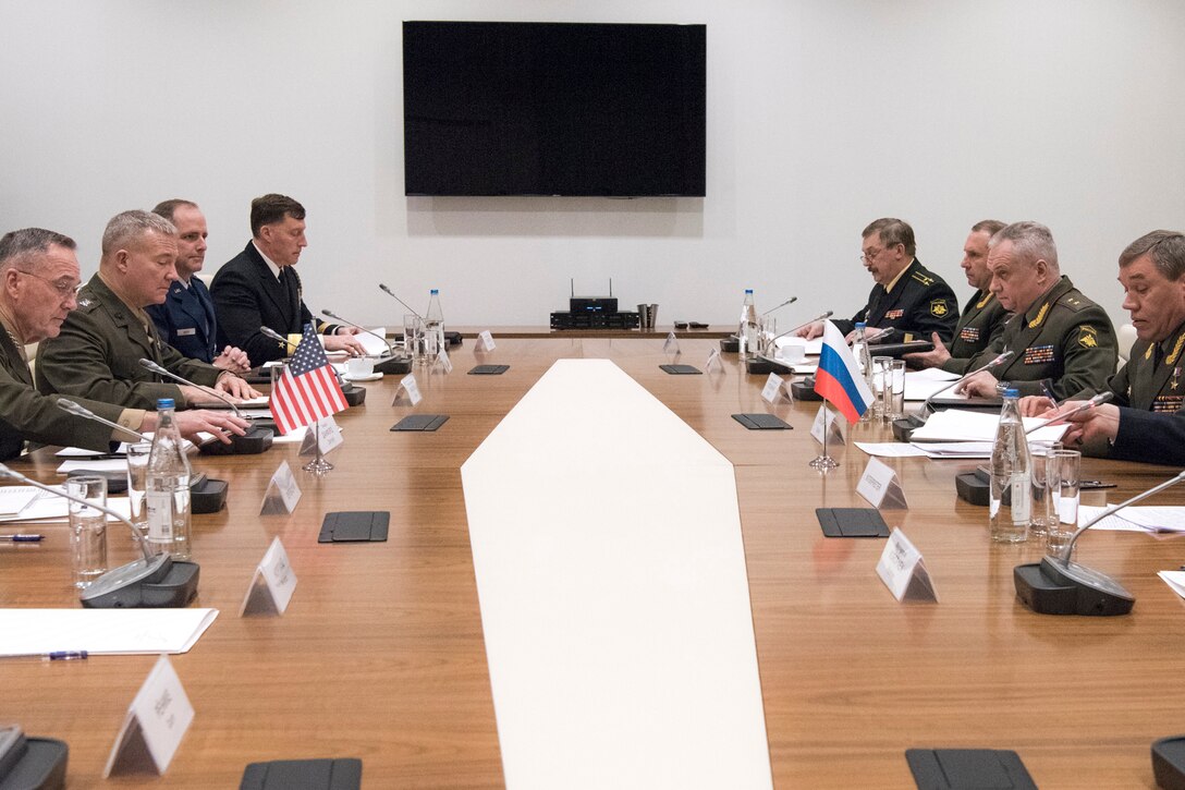 Marine Corps Gen. Joe Dunford, chairman of the Joint Chiefs of Staff, speaks with Gen. Valery Gerasimov, chief of the General Staff of the Russian Armed Forces, during a bilateral meeting in Baku, Azerbaijan, Feb. 16, 2017. DoD photo by Navy Petty Officer 2nd Class Dominique A. Pineiro