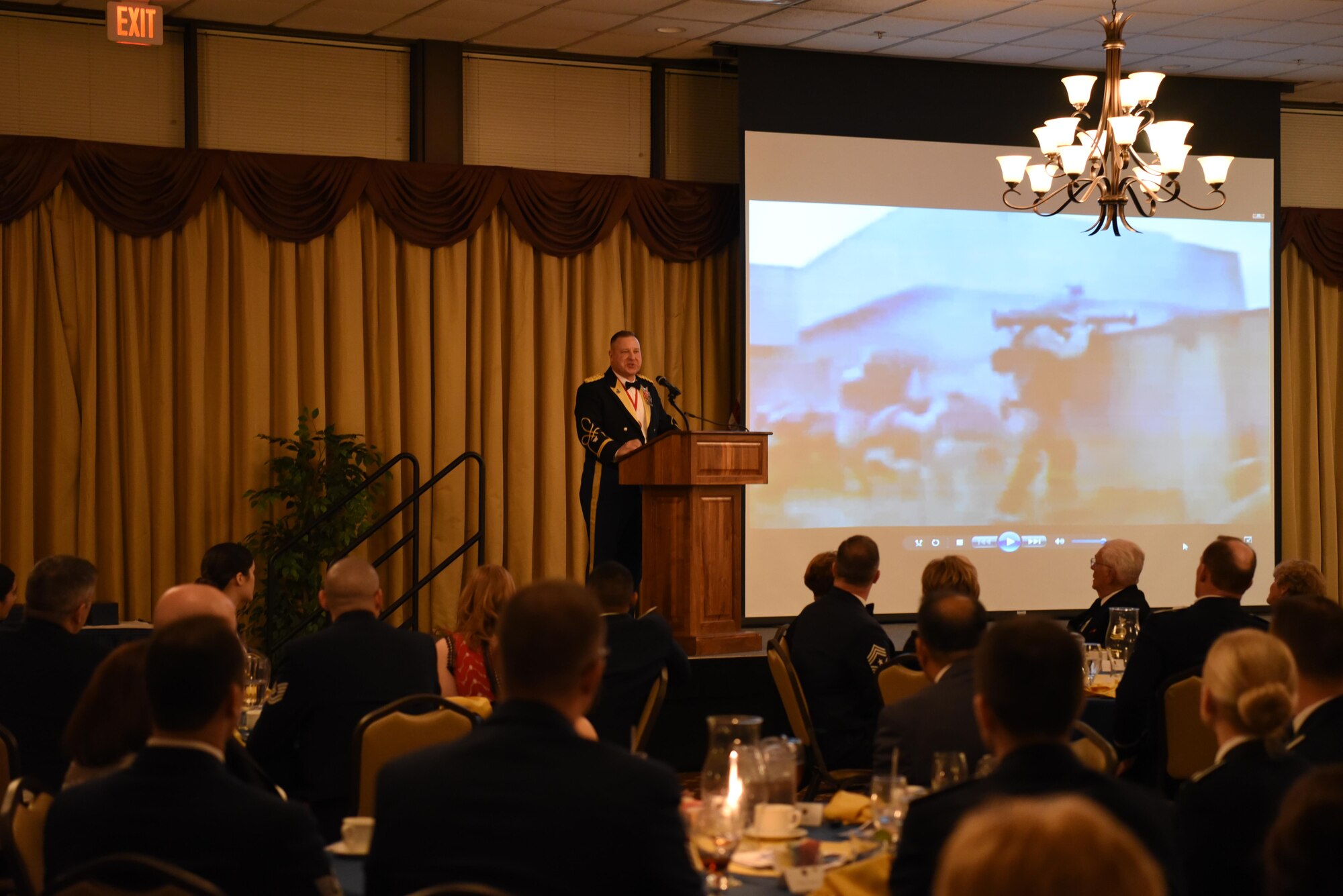 U.S. Army Col. David Sanders, 174th Brigade commander, speaks to CAN DO Airmen at the 305th Air Mobility Wing 2017 Annual Awards on Joint Base McGuire-Dix-Lakehurst, N.J., Feb. 4, 2017. Sanders spoke about the importance of the Rapid Global Mobility mission, and how it affects troops across the force.