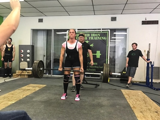 U.S. Army Sergeant First Class (SFC) Jennifer Palacios performs a deadlift during in the American Powerlifting Association (APA) Thunder Bay Throwdown. Palacios broke the Florida state deadlift record in the Raw Sub Master (33-39) age division by lifting 340lbs. (Courtesy photo)