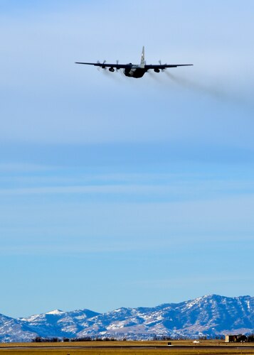 A 120th Airlift Wing C-130 Hercules aircraft departs Great Falls International Airport with members of the 120th Medical Group Sunday. Guardsman will be attending medical readiness training in Anniston, Ala. (U.S. Air National Guard photo by Senior Master Sgt. Eric Peterson)
