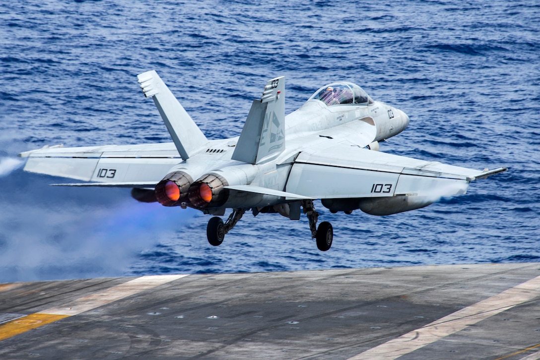 An F/A-18F Super Hornet aircraft takes off from the flight deck of the aircraft carrier USS Carl Vinson in the Pacific Ocean, Feb. 9, 2017. Navy photo by Petty Officer 2nd Class Sean M. Castellano