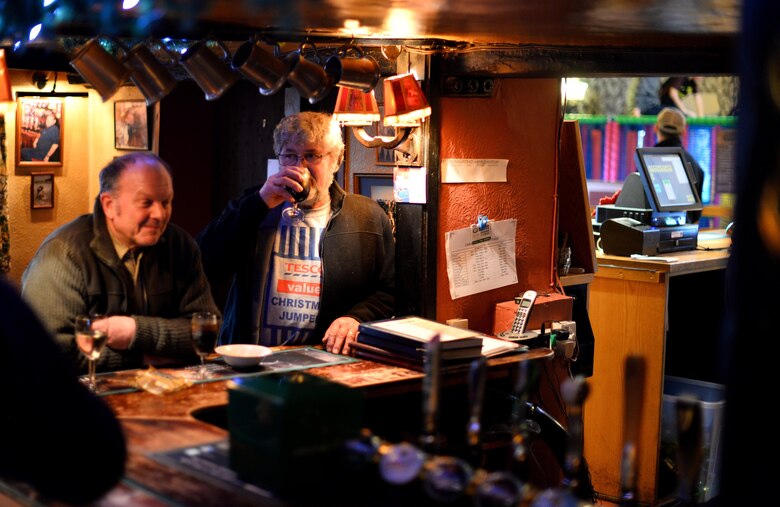 Locals from neighboring villages visit the Woodman Inn located in Nuthampstead, England, on New Year’s Day 2017. This is the same pub where American Airmen would be able to gather and have a drink during the fall and winter months stationed at Post 131 Nuthampstead. (U.S. Air Force photo by Josh Plueger)