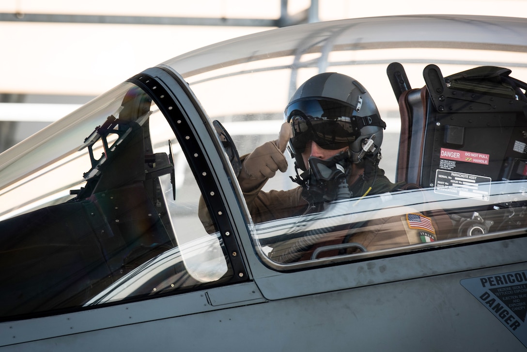 U.S. Air Force Lt. Col. Joe “Slap” Goldsworthy, an Airman assigned to the Italian air force 132nd Groupo as part of the Military Personnel Exchange Program, prepares to taxi in an AMX A-11 Ghibli at an undisclosed location in Southwest Asia, Jan. 11, 2017. While deployed, the Italian unit provides high-definition imagery to coalition leaders to give forces a full picture when planning and executing missions and launching strikes in the Middle East. (U.S. Air Force photo by Staff Sgt. R. Alex Durbin)