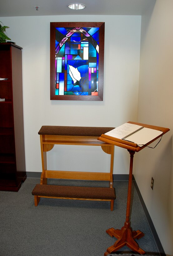 A water fountain, scenic wall mural and guest book where employees can record prayer requests are among the updates in the McNamara Headquarters Complex’s meditation and prayer room.