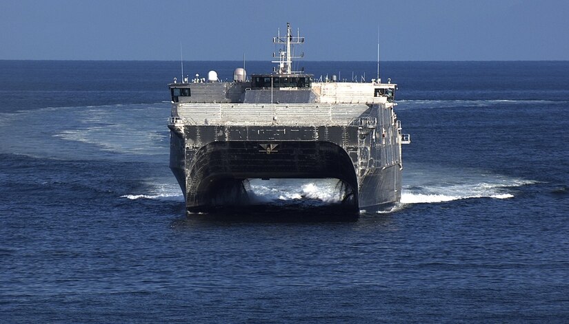 The joint high speed vessel USNS Fall River completes acceptance trials testing and evaluations in the Gulf of Mexico, July 25, 2014. The Fall River is the mission platform for Pacific Partnership 17, a multilateral mission that helps regional nations to improve their disaster response preparedness and capacities while enhancing partnerships throughout the Indo-Asia-Pacific region. Navy photo by Christopher G. Johnson