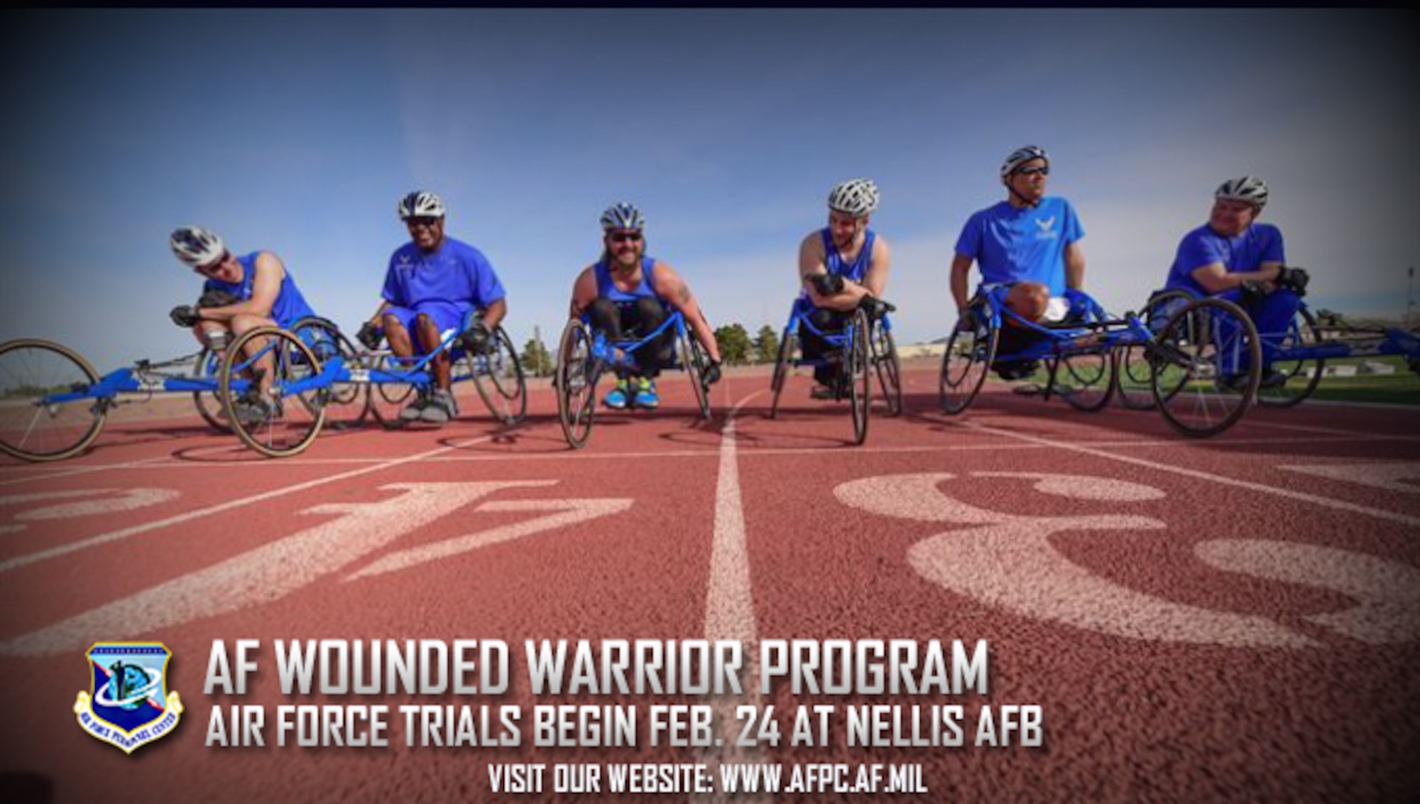 Wheelchair racing participants prepare to race during the 2016 Air Force Trials at Nellis Air Force Base, Nevada. More than 100 Air Force wounded, ill and injured service members will compete at Nellis AFB Feb. 24 to March 2 for the 2017 Air Force Trials. (U.S. Air Force photo courtesy of the 15th Wing Public Affairs Office)  