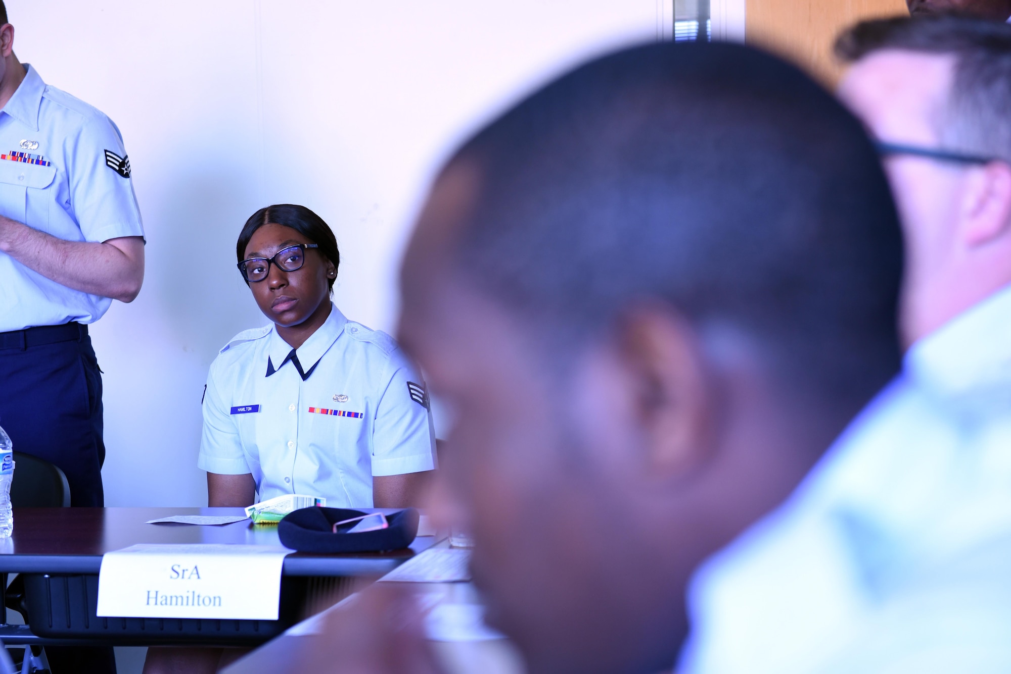 A Senior Airman wears her service dress uniform in class during Airman leadership school at the Chief Master Sergeant Paul H. Lankford Enlisted Professional Military Education Center in Tennessee. Instructors inform incoming students to check their required uniforms for proper wear and inventory prior to class arrival to avoid potential problems. (U.S. Air National Guard photo by Master Sgt. Mike R. Smith)