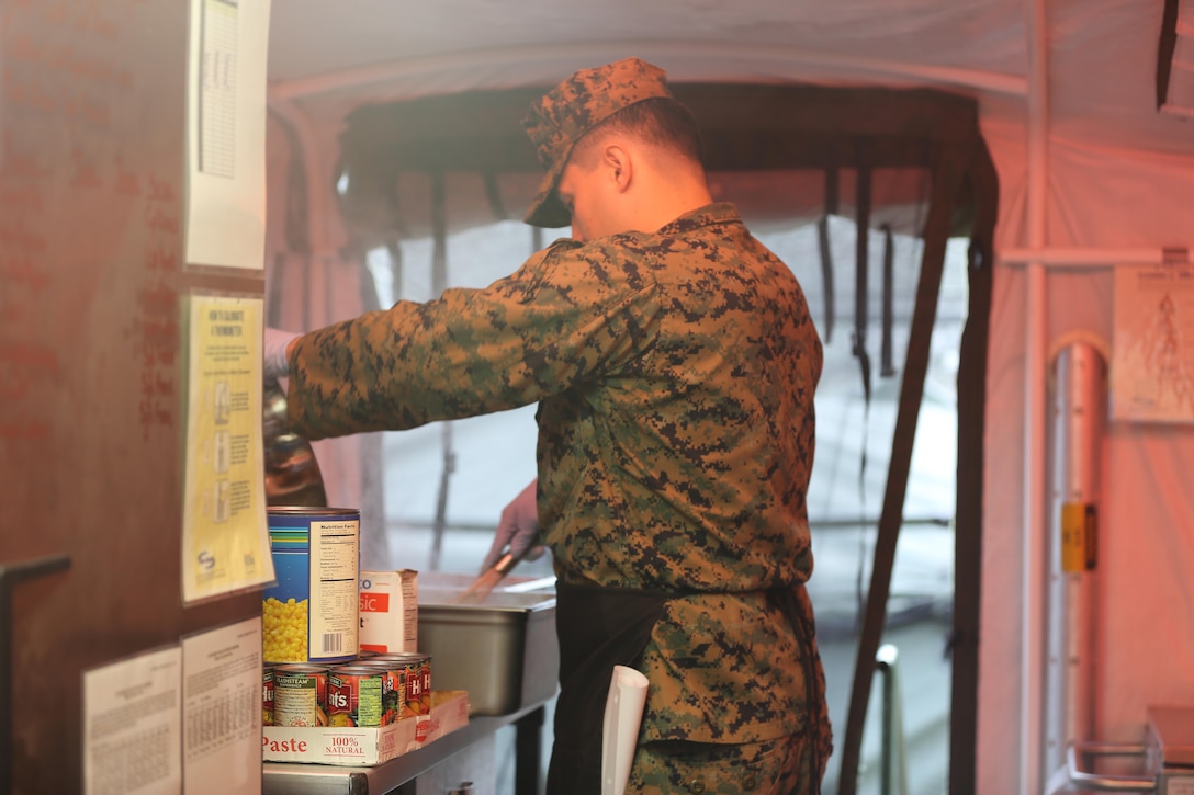 Cpl. Nicholas Kovacs, a food service specialist with II Marine Expeditionary Unit Headquarters Group prepares food during the Maj. Gen. William Pendleton Thompson Hill Awards for Food Service Excellence competition at Camp Lejeune, N.C., Feb. 15, 2017. The awards were created to recognize Marine Corps mess operations for their outstanding performance. (Marine Corps photo by Cpl. Shannon Kroening)